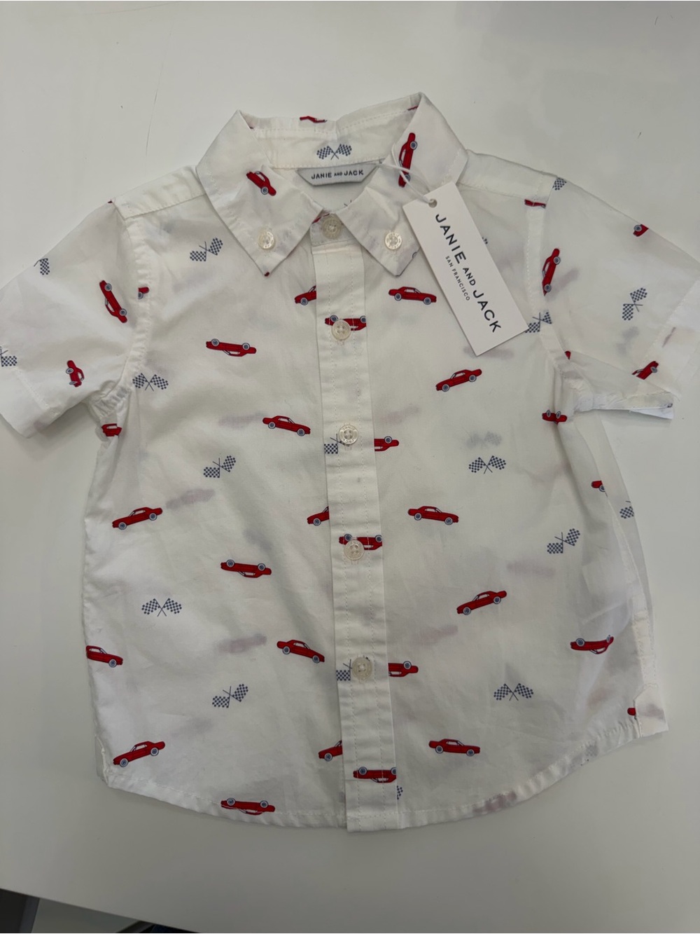 Janie and Jack White Short-Sleeve Button-Down Shirt with Red Car Print